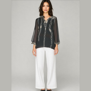 KARMA Pink Tunic Blouse Black‎ White Beaded Rhinestone Woman's Size Small